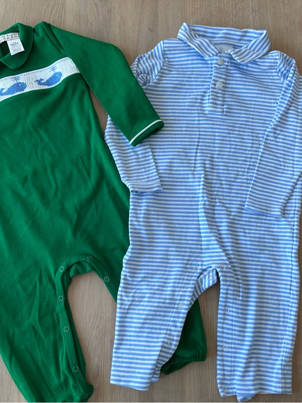 The Beaufort Bonnet Company Green Whale Smocked & Light Blue Striped Footies